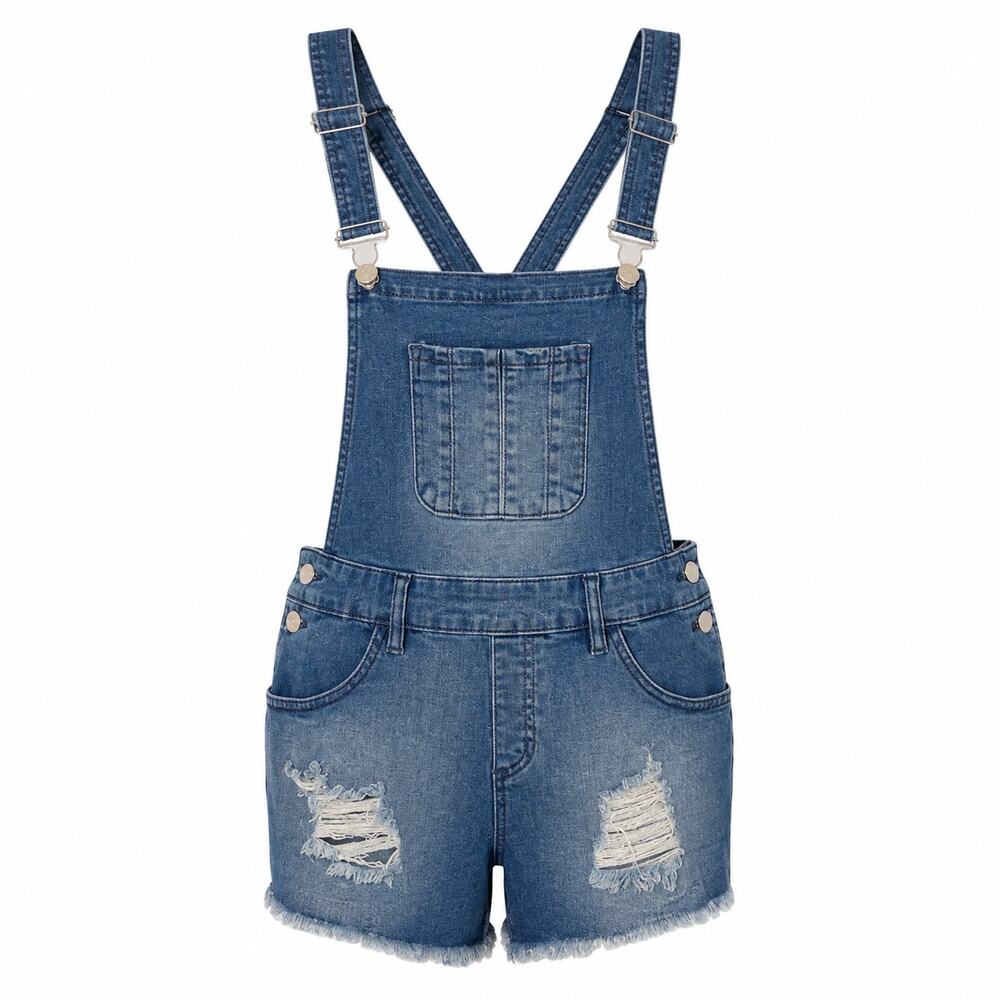 Refuge Denim Light Wash Blue Overall Shorts Shortalls Distressed Women's Size 2